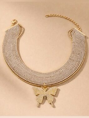 Gold Crystal Butterfly Choker Necklace - Women Jewelry